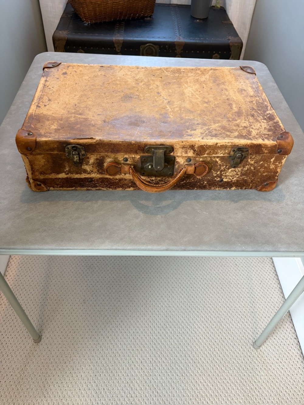 Antique Vintage Brown Leather Suitcase